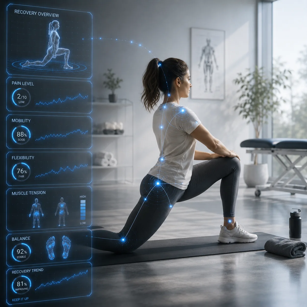 A hip-flexor stretch tracked in the Lab: pain level, mobility, flexibility, and recovery trend scored on a HUD overlay