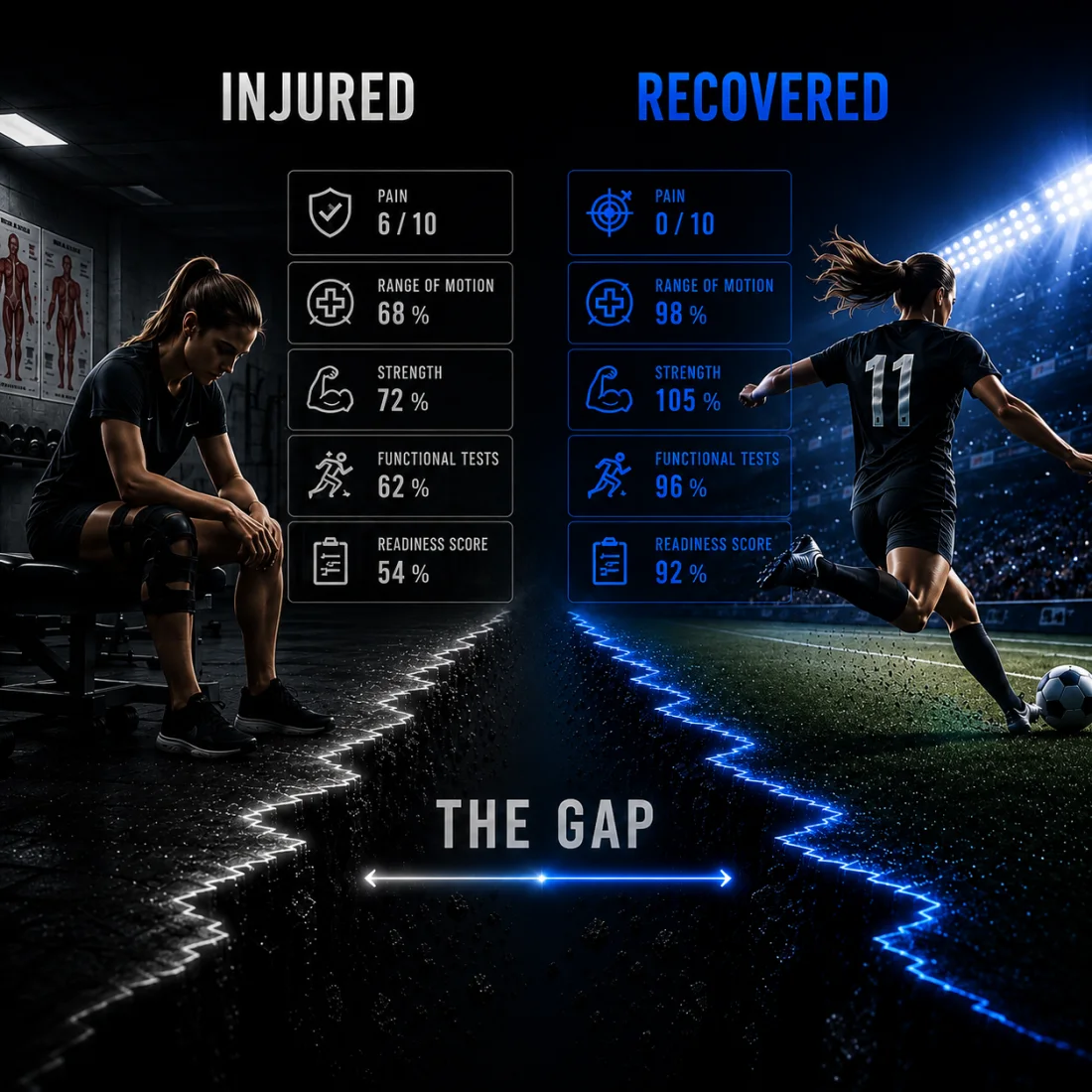 Illustration: an injured athlete's pain, range of motion, strength, functional test and readiness numbers under the heading Injured, the same five numbers under the heading Recovered, and the distance between the two labelled The Gap.